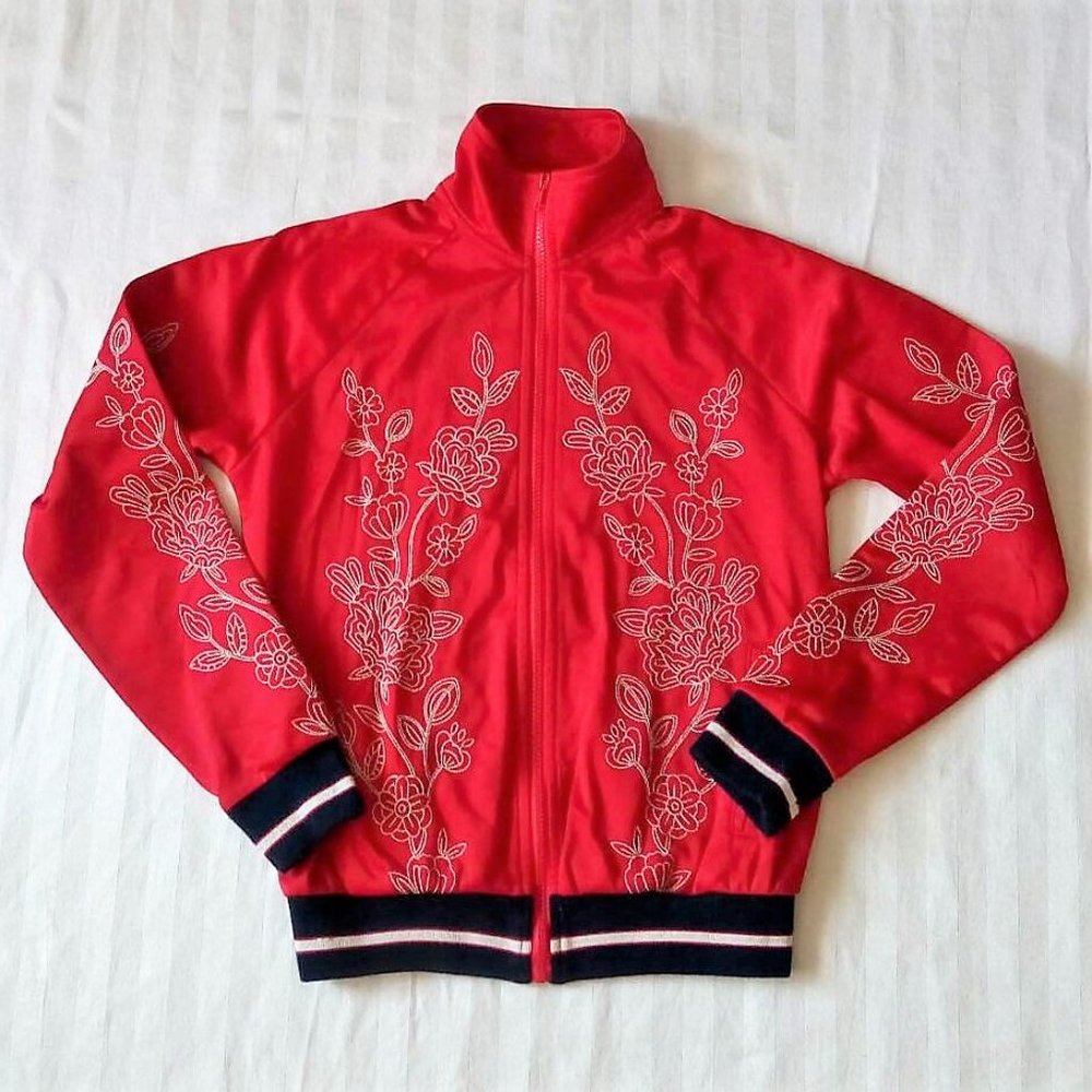 Forever 21 Red Satin Varsity Jacket with Gold Detailing